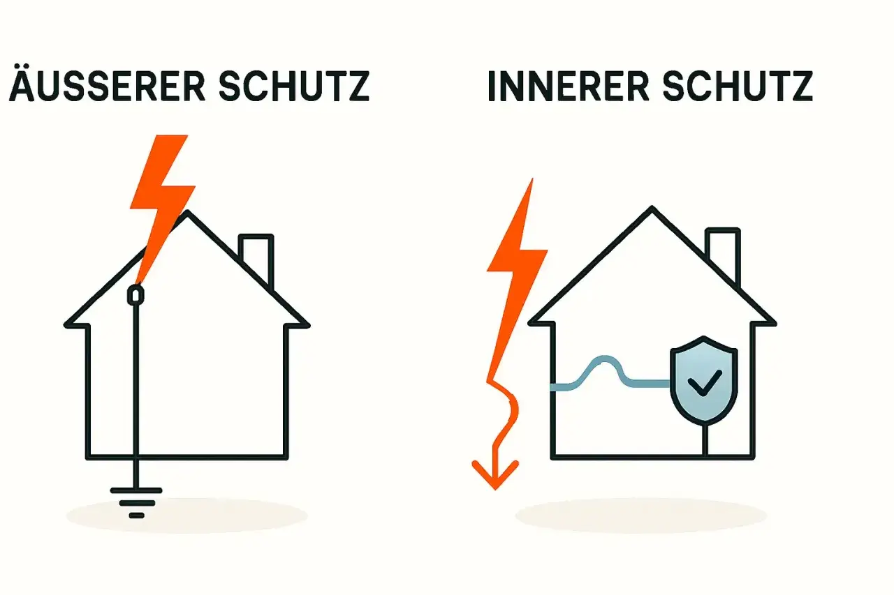 Vergleich von äußerem und innerem Blitzschutz für ein Haus: Blitzableiter leitet Strom ab, Überspannungsschutz schützt Geräte.