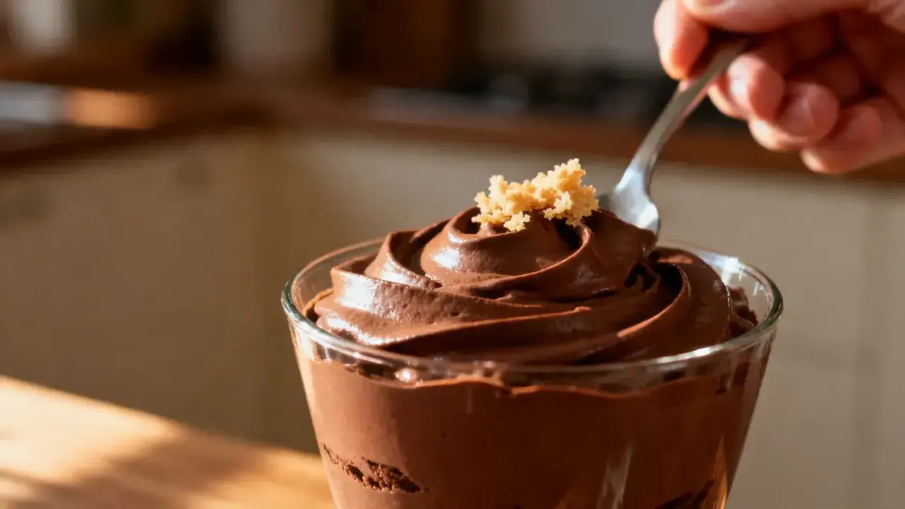 Une cuillère plonge dans une coupe de recette mousse au chocolat onctueuse, garnie de miettes dorées.