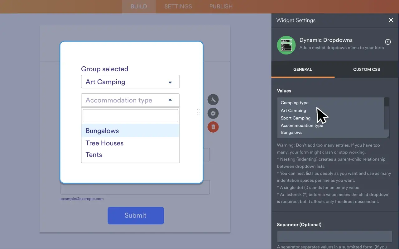 Paramètres de widget : "Art Camping" sélectionné, avec "Bungalows" en surbrillance. Le menu déroulant "Camping type" semble sur le point d'imploser.