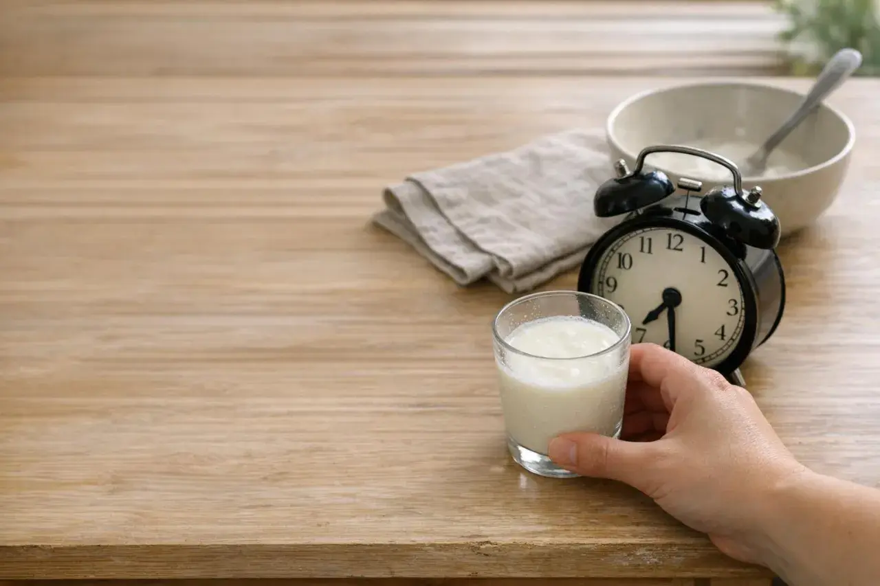 Un bicchiere di kefir pronto per essere gustato. L'orologio indica che è ora di bere kefir la sera.