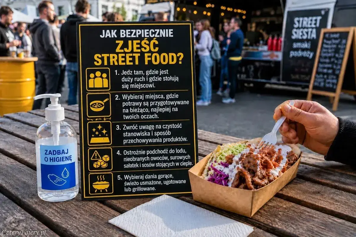 Zasady bezpiecznego jedzenia street food: wybieraj miejsca z ruchem, świeżo przygotowane dania, dbaj o higienę. Oto jak cieszyć się tym rodzajem jedzenia.