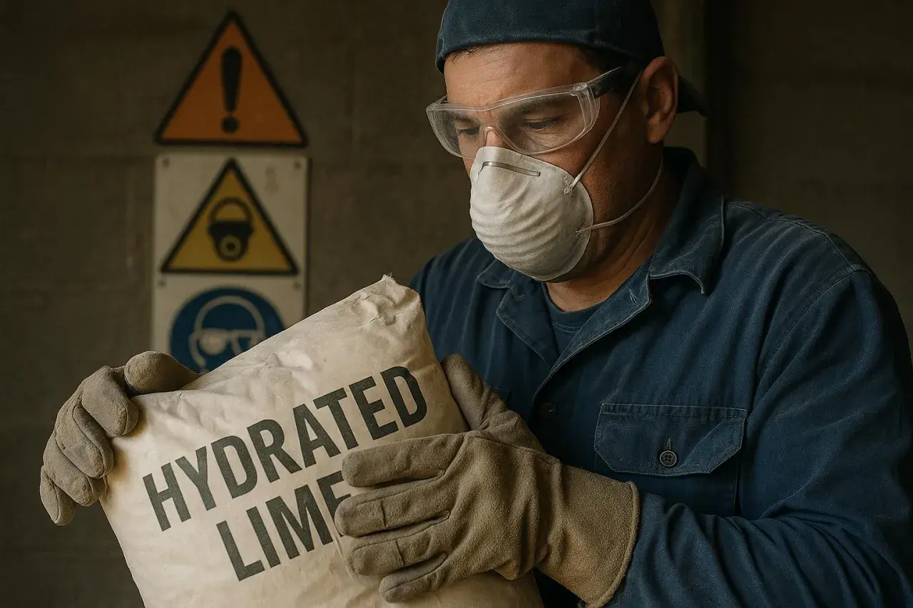 Pracownik w masce i okularach ochronnych trzyma worek z napisem "HYDRATED LIME". Czy wapno budowlane jest szkodliwe? Tak, wymaga ostrożności.