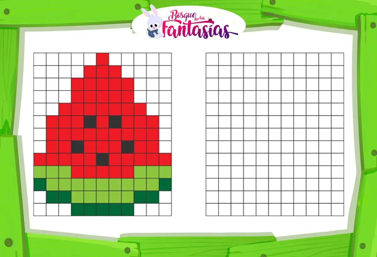 Hoja de actividades con dibujos pixel art faciles y bonitos de una sandía para colorear.