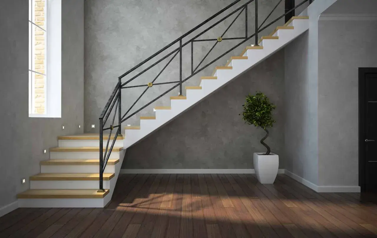 Nowoczesne schody z żywicy, z metalową balustradą i drewnianymi stopniami. Elegancki dodatek do każdego wnętrza, który podkreśla jego styl.