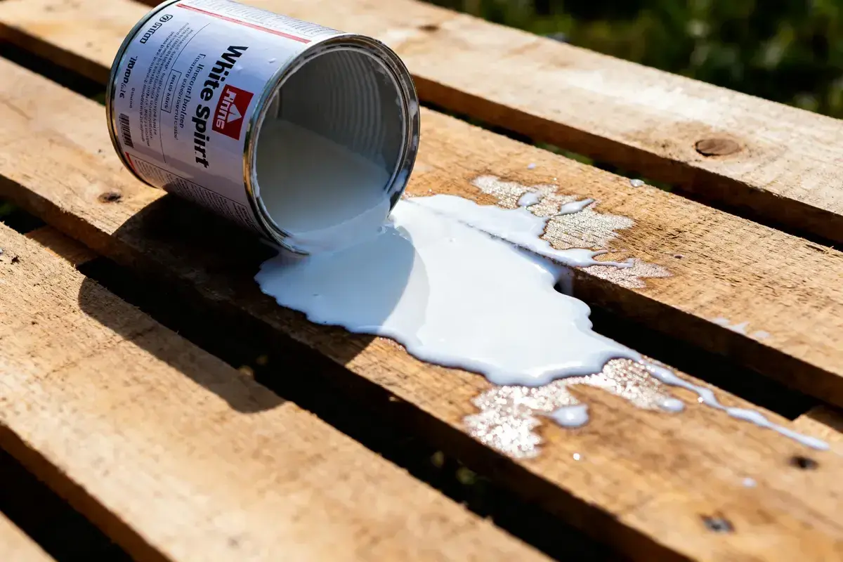 Une boîte de white spirit renversée sur des planches de bois. Le liquide blanc s'étale, créant des formes abstraites sur le grain du bois.