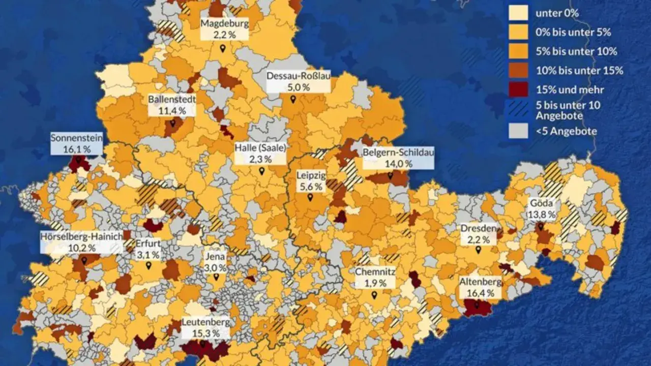Karte zeigt Gebiete mit hohen Mietpreisen. In Sonnenstein und Altenberg sind die Mieten unbezahlbar, über 16%.