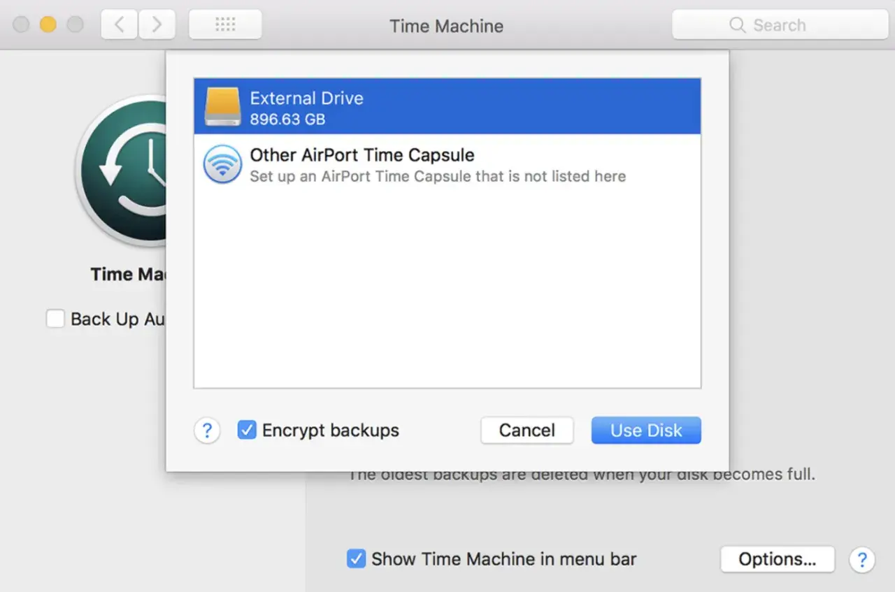Ventana de Time Machine para configurar el backup mac. Selecciona un disco externo o AirPort Time Capsule.