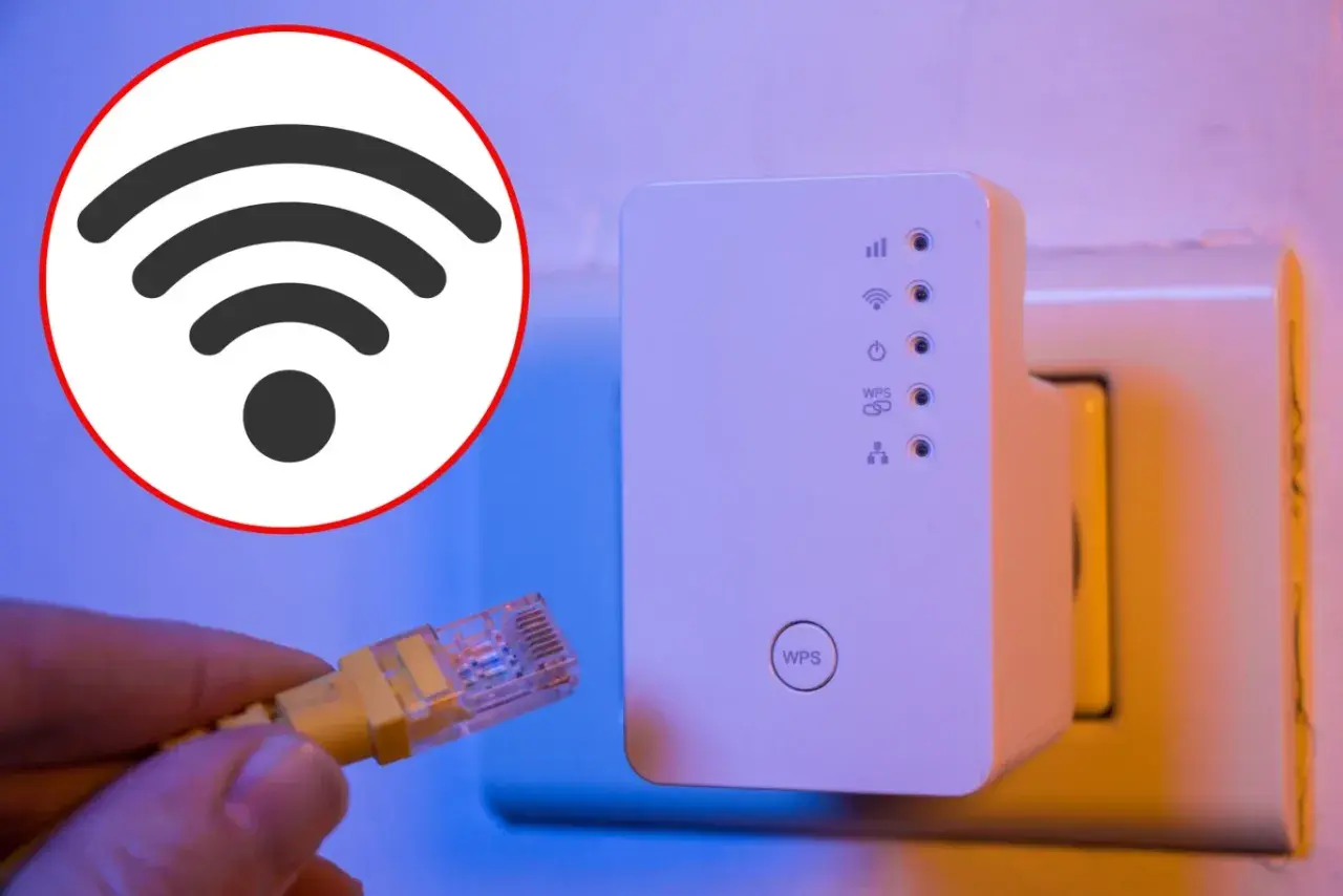Instrukcja jak podłączyć wzmacniacz wifi: wtyczka Ethernet i urządzenie w gniazdku.
