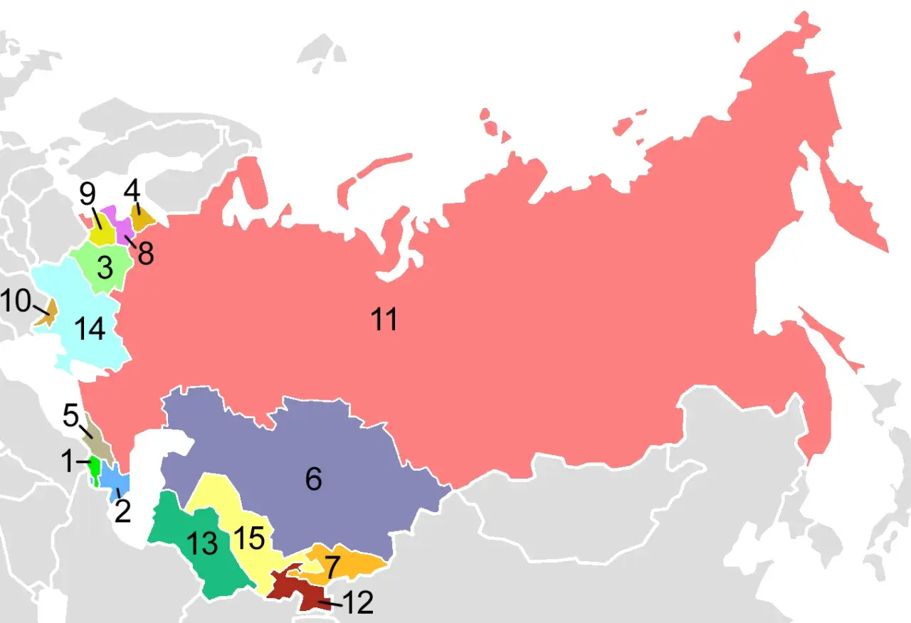 Karte zeigt die UdSSR und ihre Satellitenstaaten. Die Nummer 11 repräsentiert Russland, während andere Nummern die ehemaligen Sowjetrepubliken und osteuropäischen Satellitenstaaten kennzeichnen.