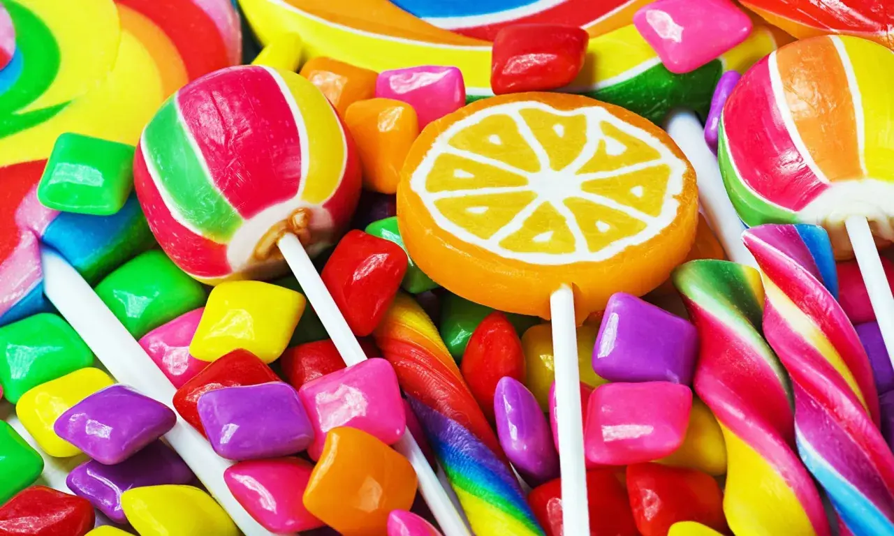 Un surtido vibrante de dulces, incluyendo piruletas, caramelos de goma y bastones de caramelo, que evocan la alegría de los dulces en inglés.
