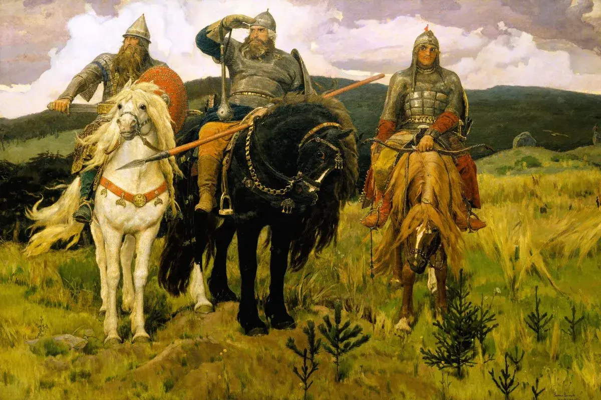 Tre ryttare i rustning, med svärd och båge, rider på sina hästar genom ett fält. En av dem, en **Volga bil**, blickar ut över landskapet.