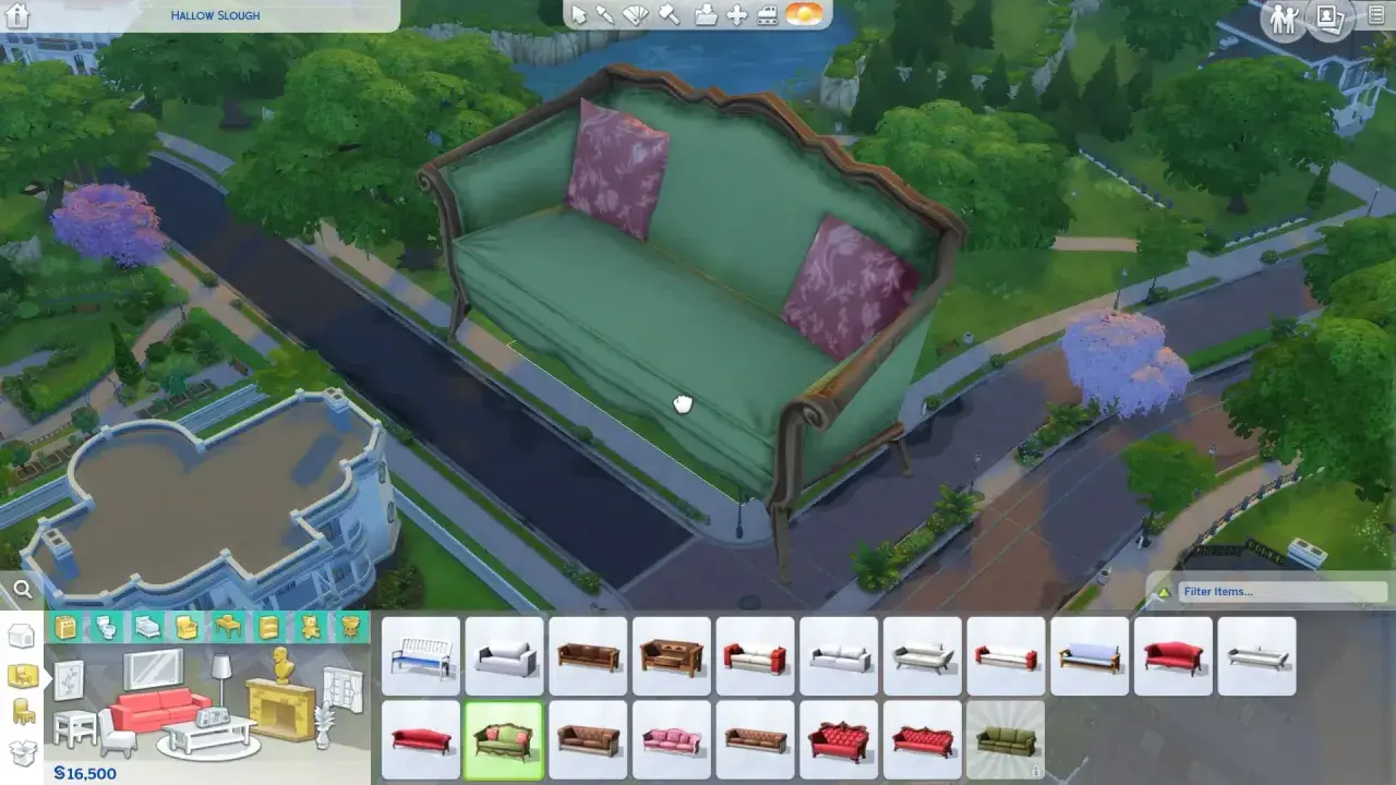Jak powiększyć przedmioty w The Sims 4? W grze widzimy ogromną kanapę, która może być efektem powiększenia.