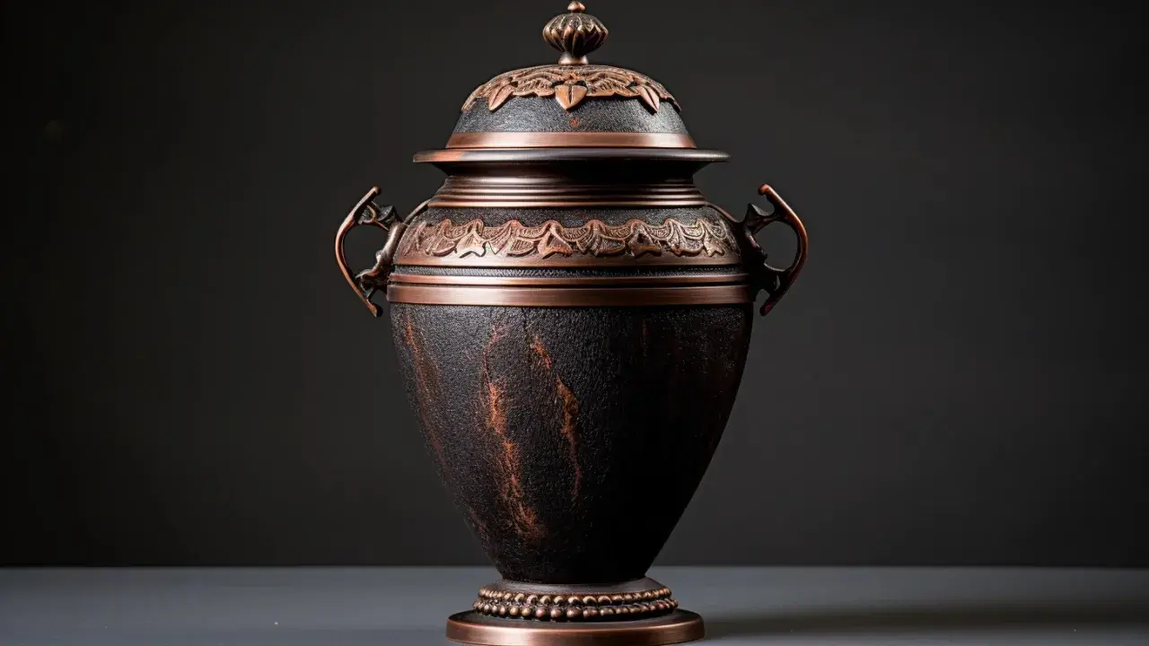 Elegancka urna, w której spoczywają prochy po kremacji, ozdobiona miedzianymi detalami i ornamentami.