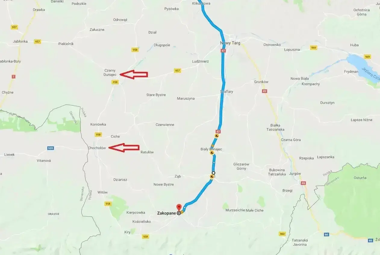 Trasa Kraków - Zakopane, z zaznaczonymi Czarnym Dunajcem i Chochołowem.