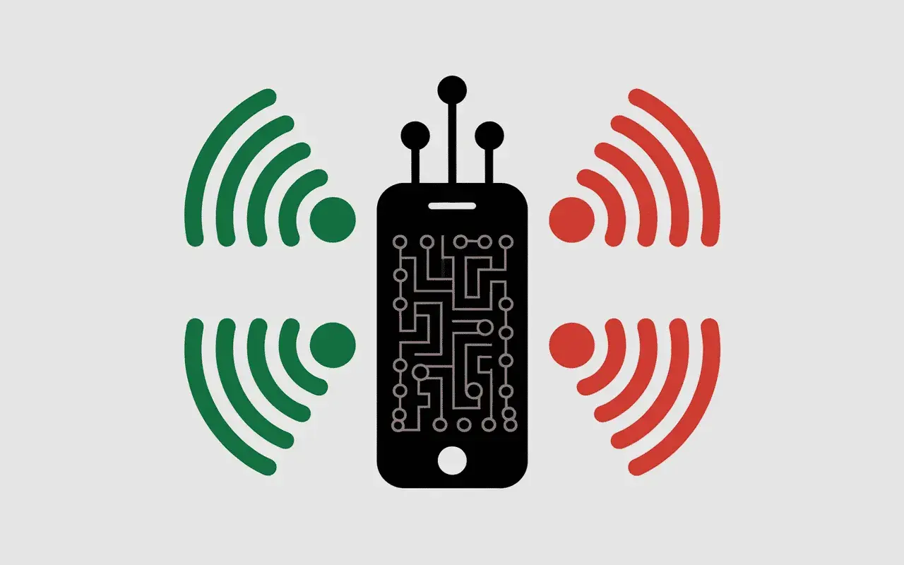 Smartphone noir avec circuit imprimé, entouré de signaux verts et rouges. L'iPhone 11 est-il 5G ou pas ?