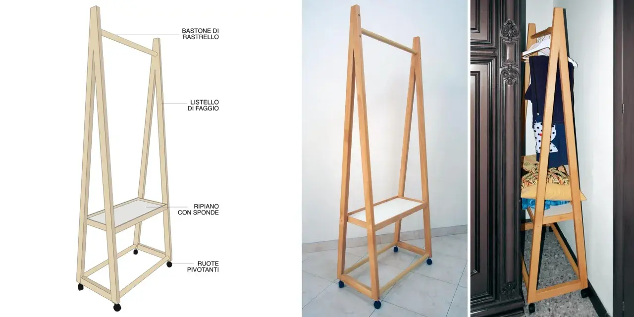 Appendiabiti fai da te in legno con rotelle, ripiano e barra appendiabiti. Ideale per organizzare vestiti e accessori.