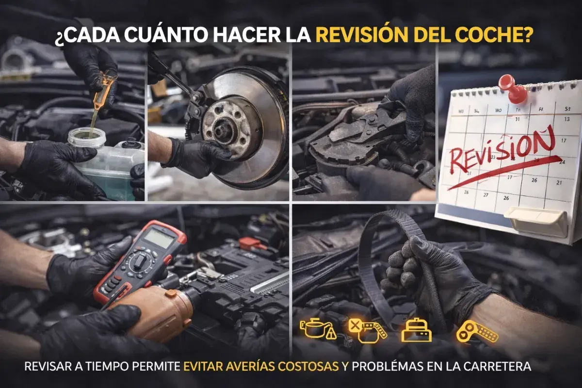 Mecánico realiza mantenimiento de motores, revisando frenos, fluidos y correa. Calendario marca "Revisión".