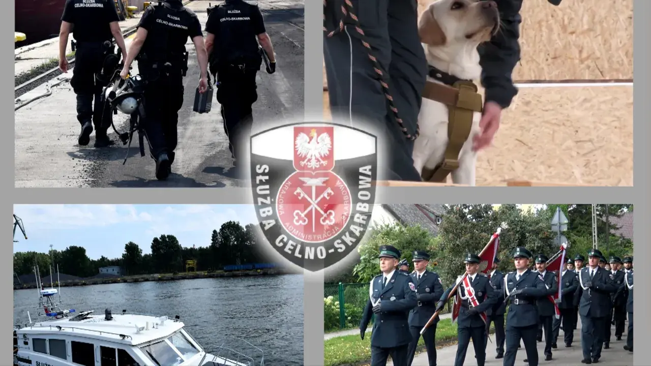 Celnik w mundurze prowadzi psa służbowego. Inni celnicy idą w szyku, a także patrolują wodę łodzią.