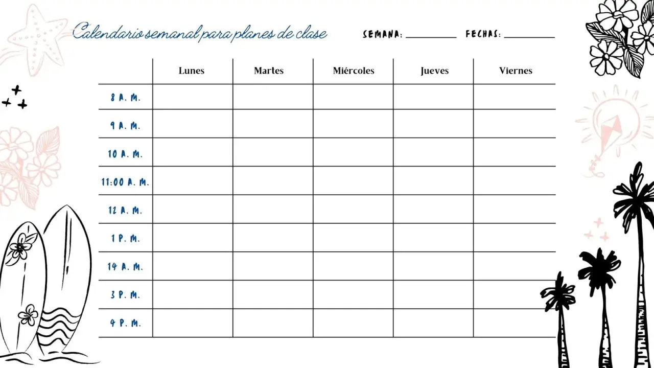 Calendario para rellenar con horas y días de la semana, decorado con dibujos de surf y flores.