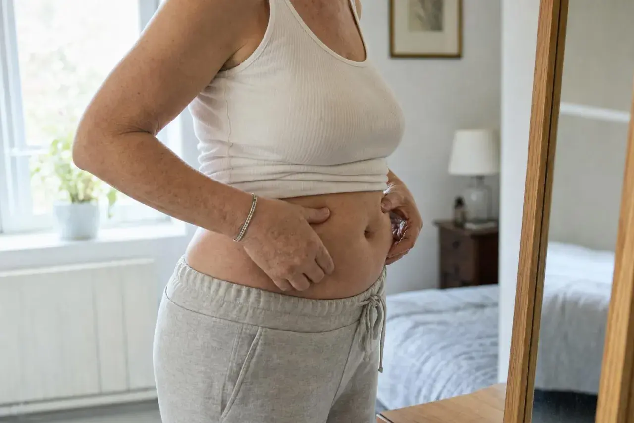 Donna si tocca la pancia, forse per un test per pancia gonfia, guardandosi allo specchio.
