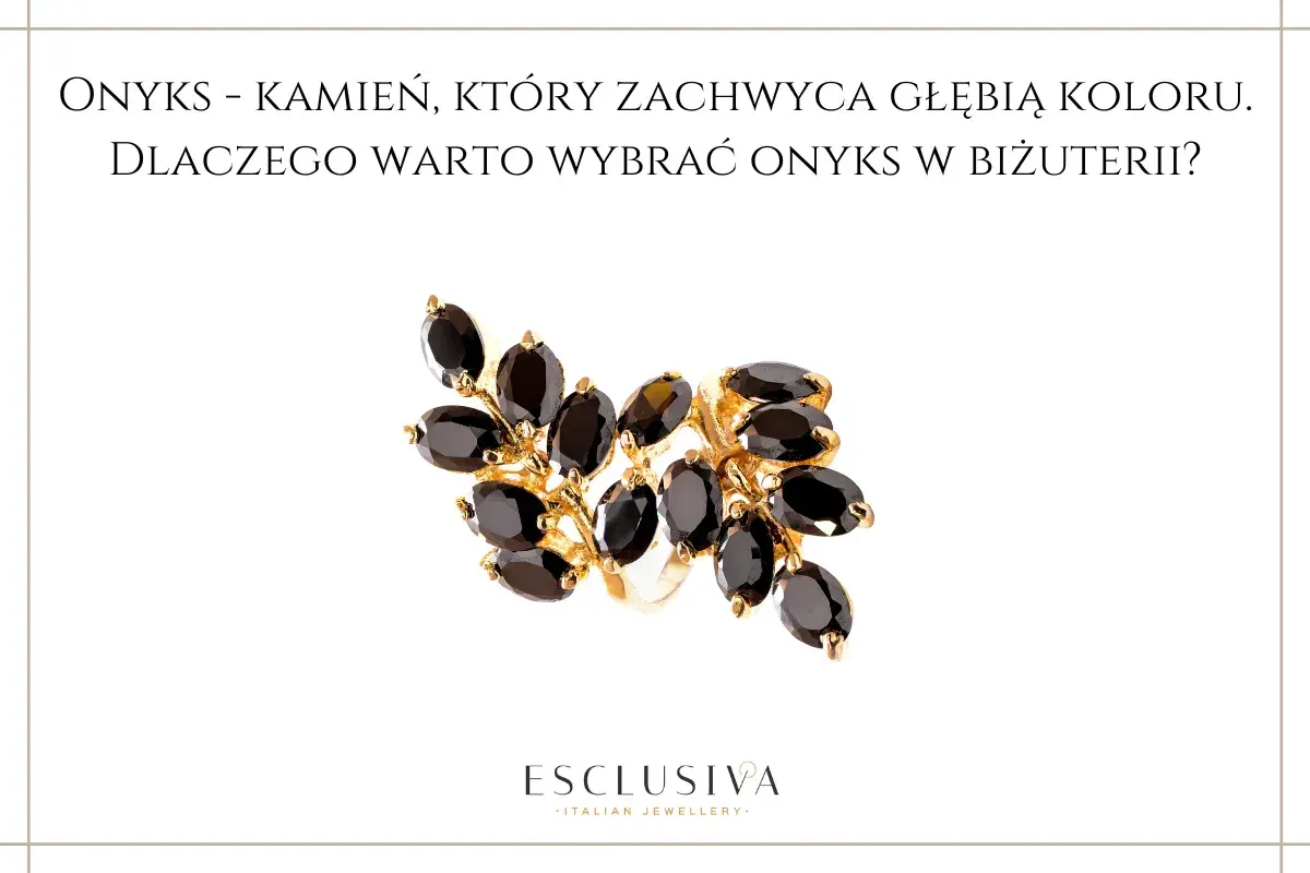 Złoty pierścionek z wieloma czarnymi kamieniami. Kamień onyks czarny znaczenie w biżuterii jest głębokie i tajemnicze.