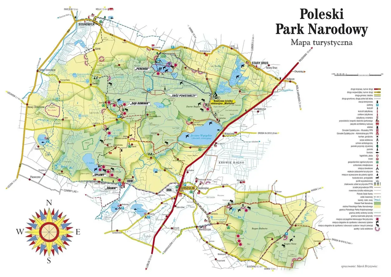 Mapa turystyczna Poleskiego Parku Narodowego z zaznaczonymi szlakami, jeziorami i miejscowościami. Idealna do planowania wycieczki z psem po Polesiu.