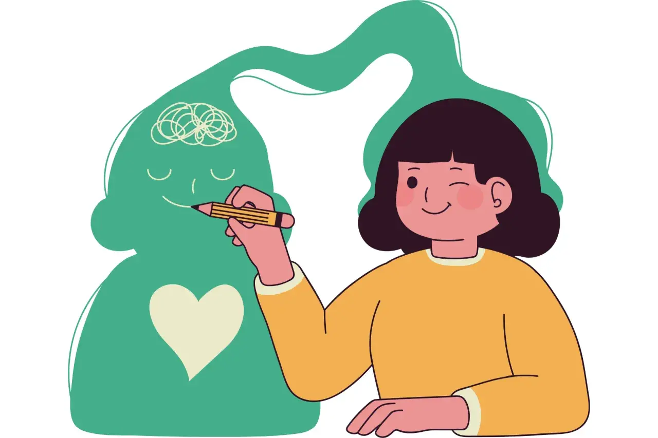 Una niña dibuja una ficha alumno en un boceto de cabeza con un corazón.