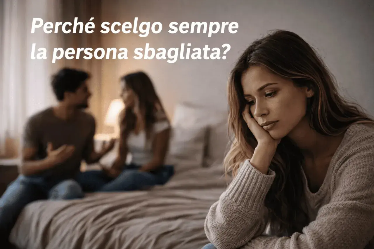 Una donna pensierosa, mentre sullo sfondo una coppia discute. Il momento in cui un uomo si rende conto di aver sbagliato.