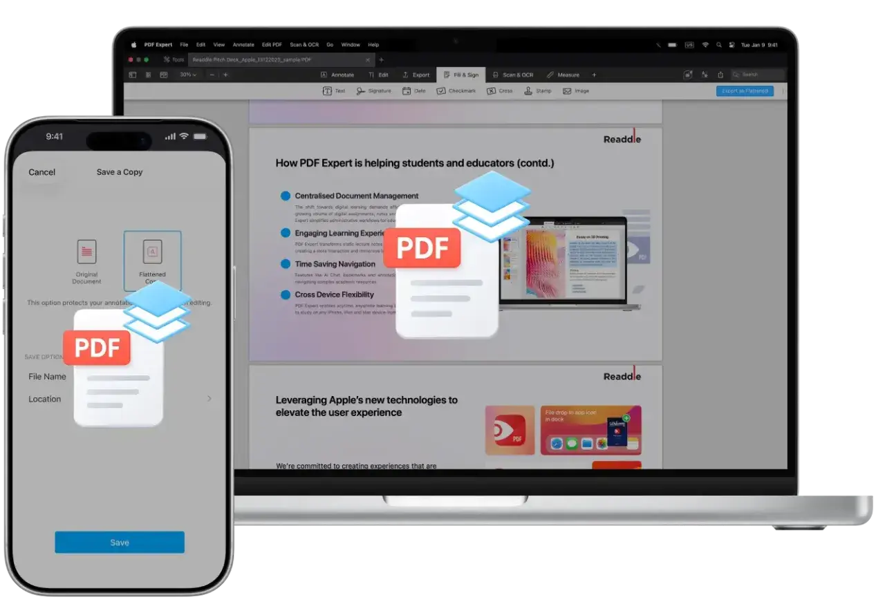 Ikona PDF na ekranie telefonu i laptopa z dokumentem.
