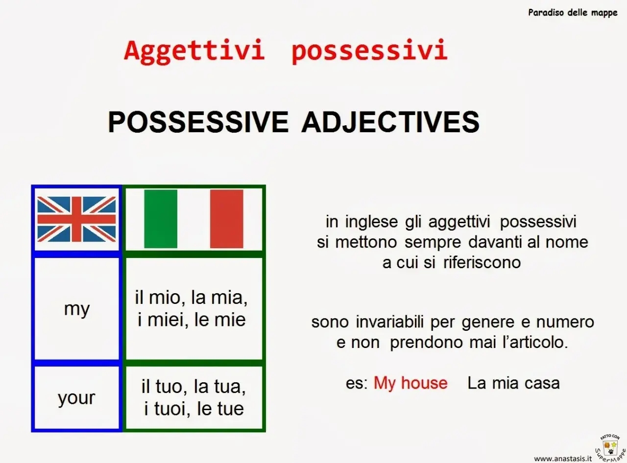 Impara quali sono gli aggettivi possessivi in inglese: "my" e "your", con esempi e traduzioni.