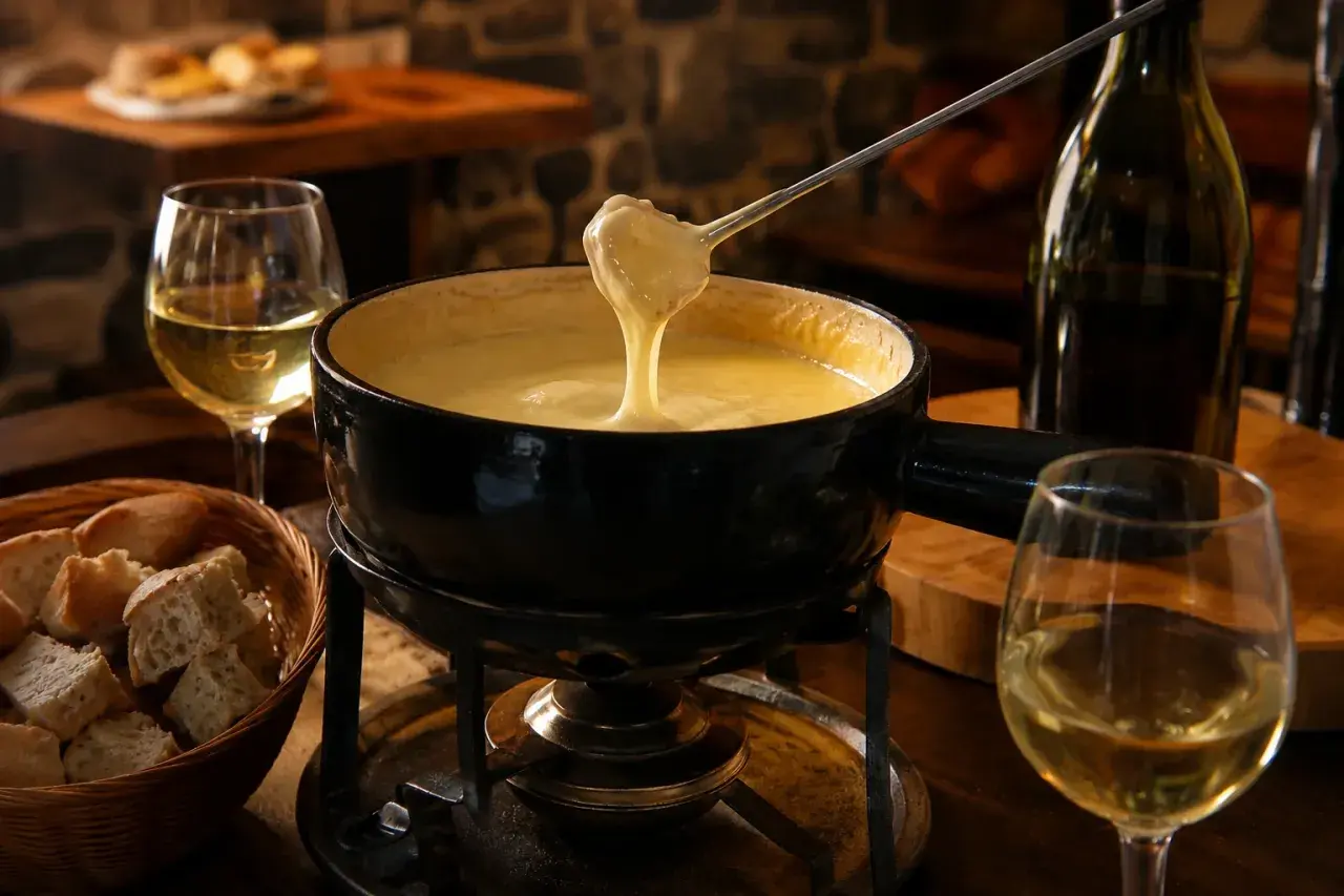 Un réchaud chauffe une fondue savoyarde crémeuse, accompagnée de pain et d'un verre de vin pour fondue savoyarde.
