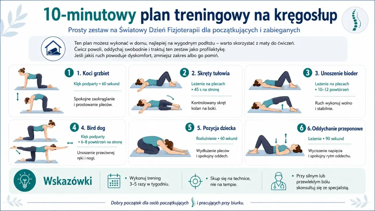 10-minutowy plan treningowy na kręgosłup: ćwiczenia na plecy, skręty tułowia, unoszenie bioder, bird dog, pozycja dziecka, oddychanie przeponowe.
