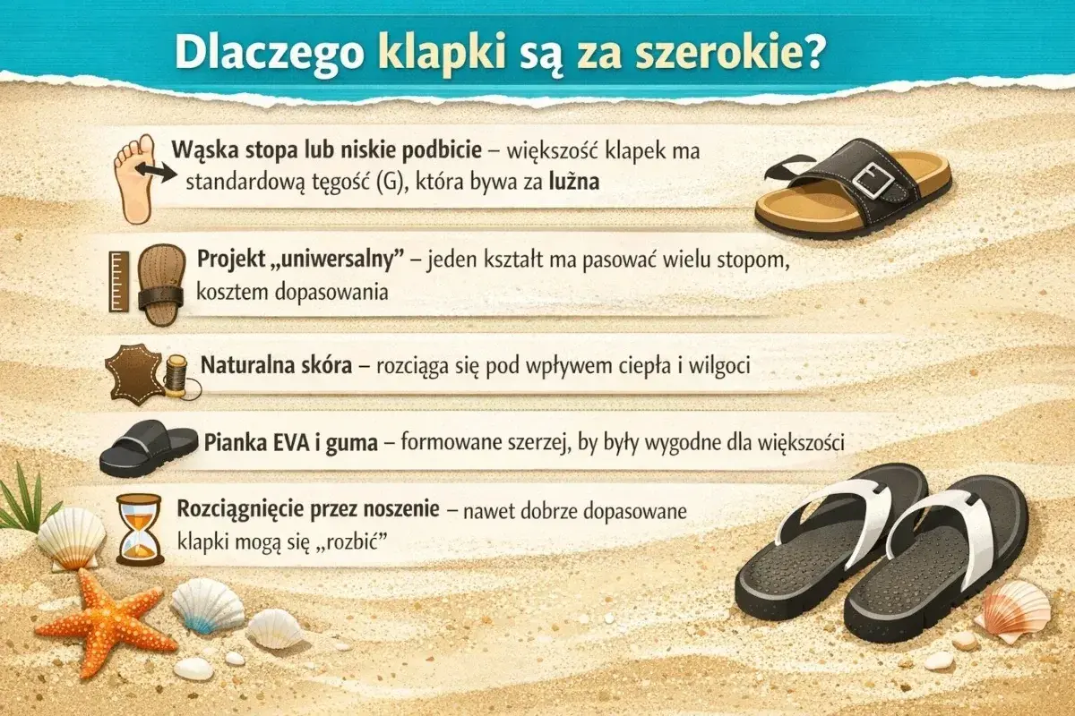 Klapki bywają za szerokie przez uniwersalny projekt, naturalną skórę i piankę EVA. Wąskie stopy mogą czuć się w nich luźno.