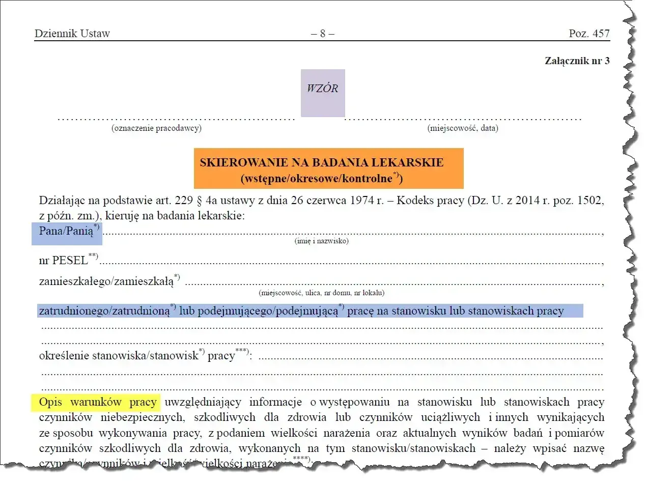 Skierowanie na badania lekarskie (wstępne/okresowe/kontrolne) dla pracownika.