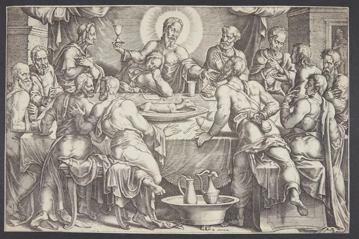 Das letzte Abendmahl: Jesus mit Jüngern am Tisch. Judas, erkennbar an der Geldtasche, ist im Schatten.