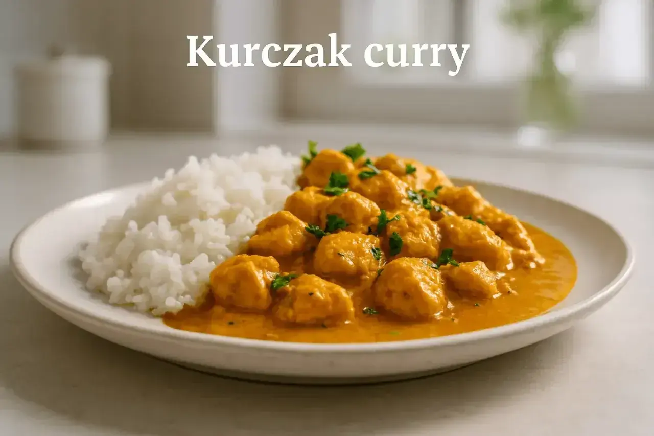 Aksamitny kurczak curry w pomarańczowym sosie, podany z puszystym białym ryżem i posypany świeżą natką pietruszki.