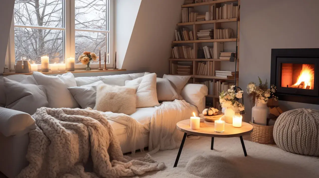 Un salon douillet, avec un canapé blanc moelleux, une couverture épaisse, des bougies allumées et un feu de cheminée. Ambiance style cocooning parfaite pour l'hiver.
