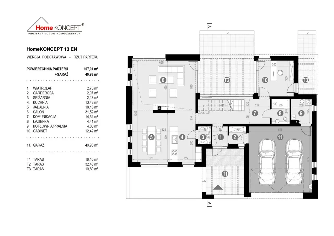 Rzut parteru domu HomeKONCEPT 13 EN. Powierzchnia netto parteru 107,01 m², garażu 40,93 m². Wymiary pomieszczeń i tarasów.