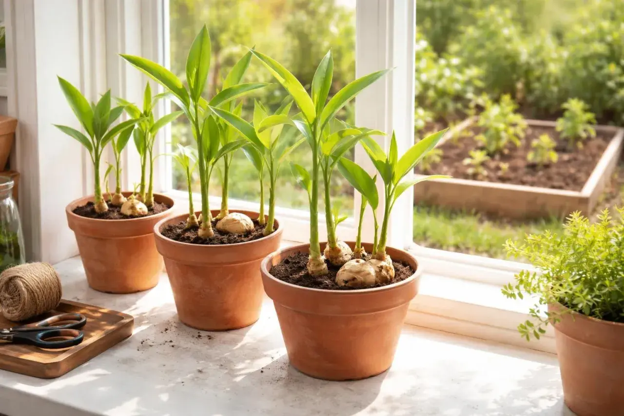 Junge Ingwerpflanzen in Terrakotta-Töpfen auf einer Fensterbank. Im Hintergrund ein Gartenbeet.