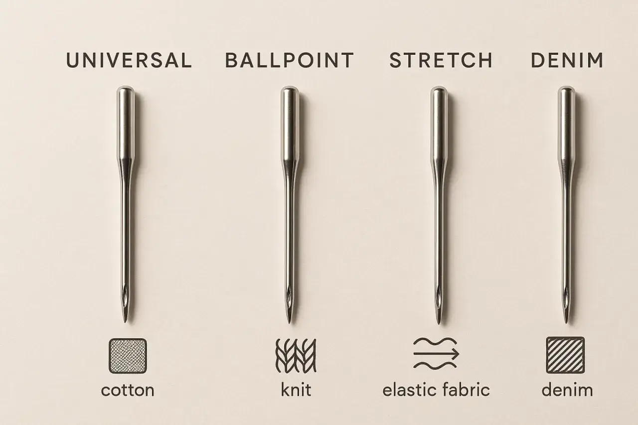 Four sewing machine needles: Universal, Ballpoint, Stretch, and Denim. Each is shown with an icon representing the fabric it's best for.