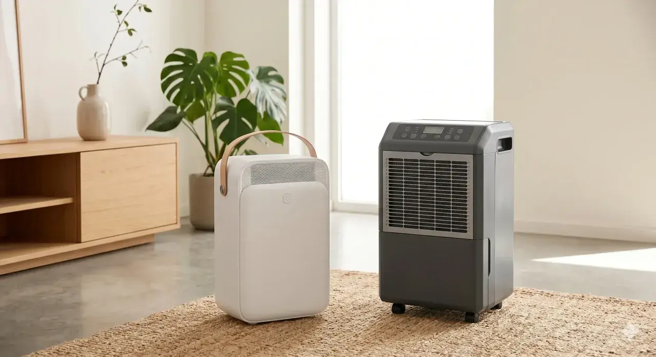 Dos tipos de deshumidificador, uno blanco y portátil, otro gris con ruedas, en una sala de estar moderna.