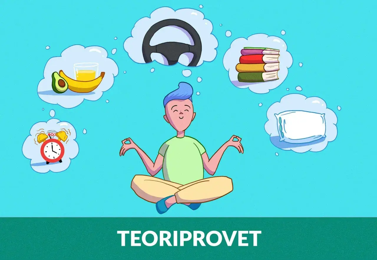 Person i meditationsställning tänker på mat, körning, böcker, sömn och en väckarklocka. Teori provet kan vara en utmaning.