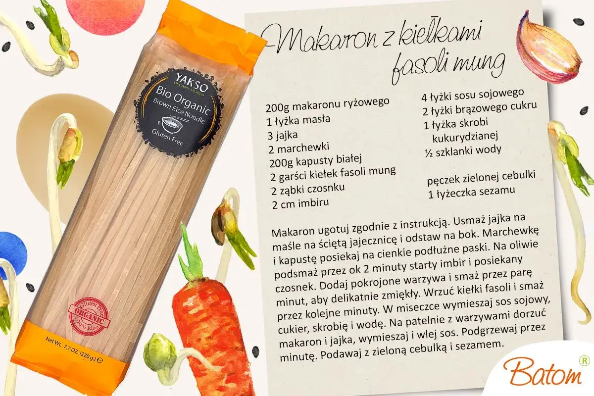 Opakowanie makaronu ryżowego Bio Organic z przepisem na danie z kiełkami fasoli mung.