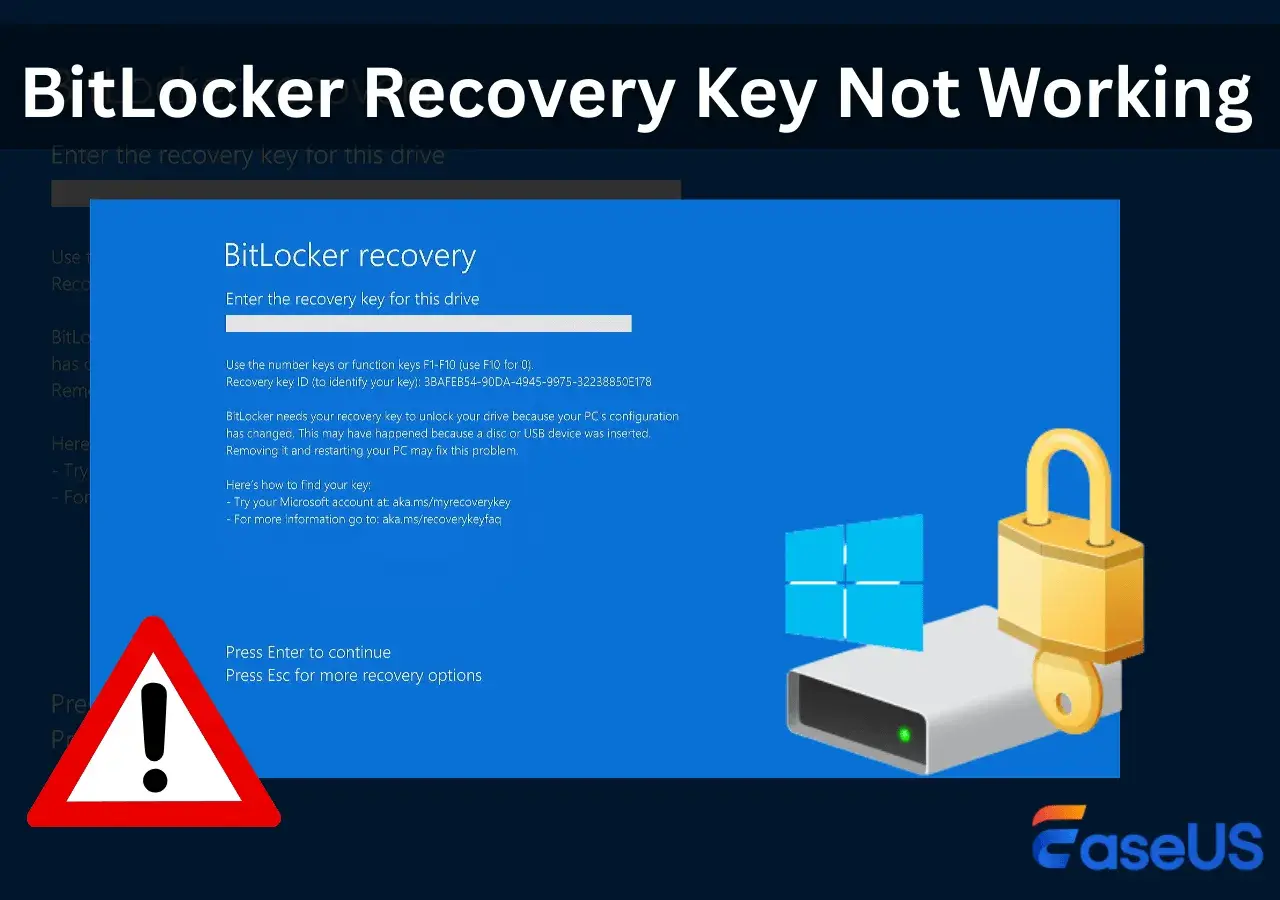 Ekran odzyskiwania BitLocker, gdy klucz nie działa. Widoczny dysk z kłódką i kluczem, symbol Windows oraz ostrzeżenie.