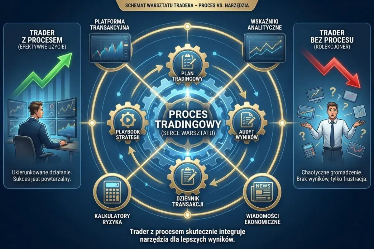 Schemat pokazuje, jak trader z procesem osiąga rozwój mentalny, integrując narzędzia jak platforma transakcyjna, analizy i planowanie, w przeciwieństwie do chaotycznego tradera bez procesu.