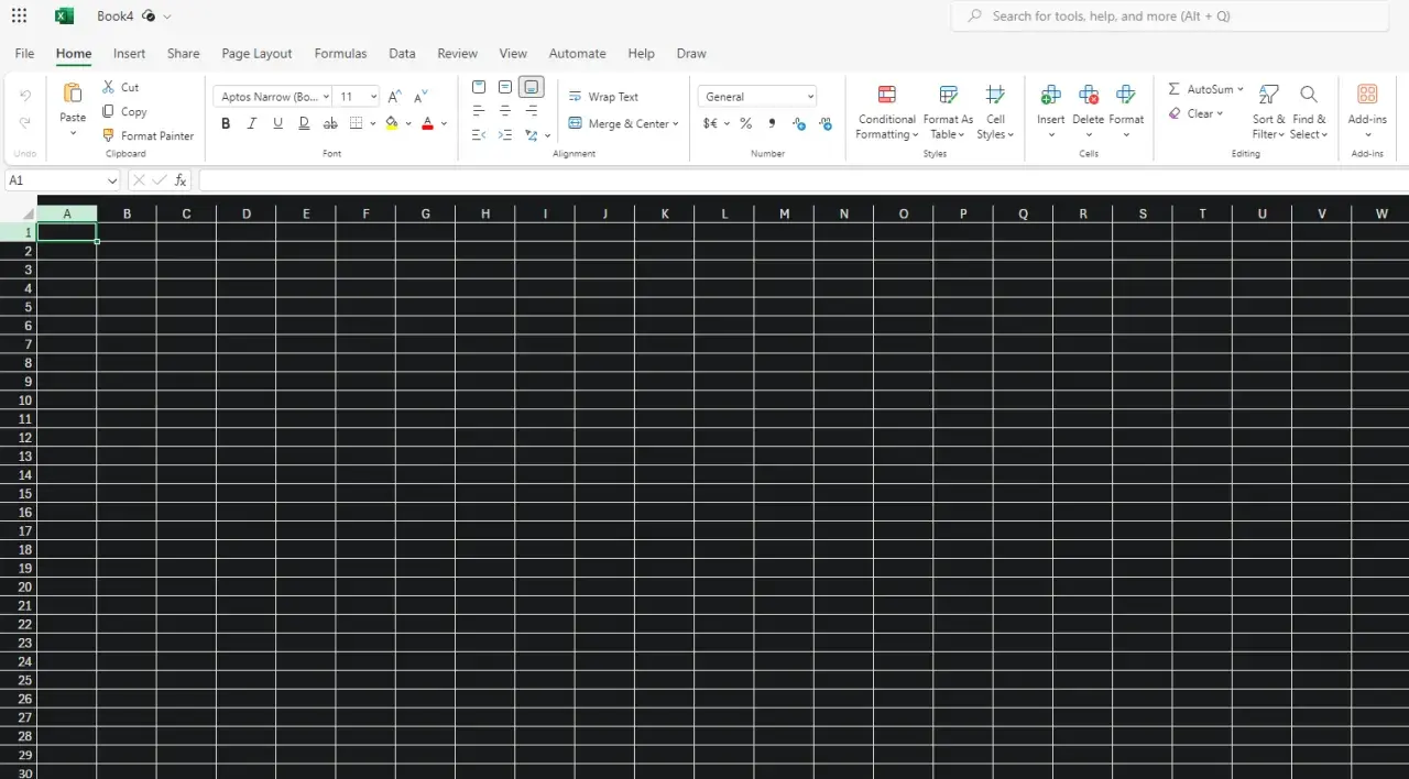 Pusta tabela w programie Excel z widocznym paskiem narzędzi.