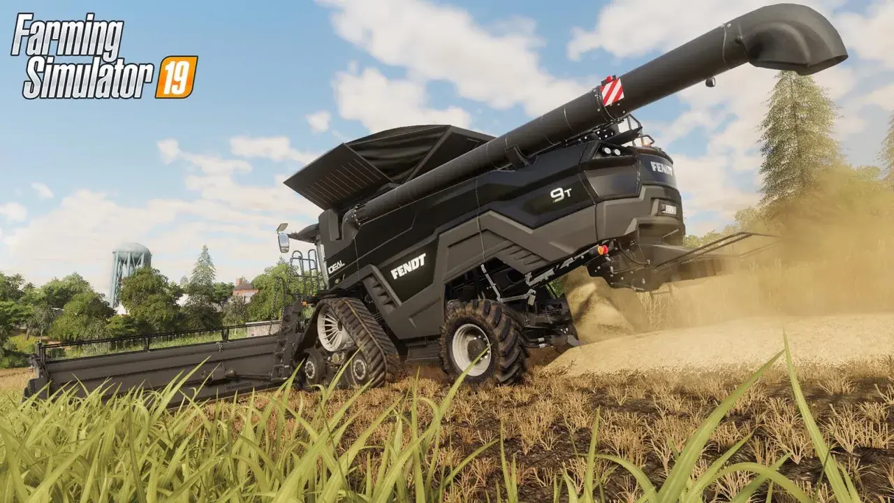 Une moissonneuse Fendt 9T travaille dans un champ, soulevant de la poussière. Le logo "Farming Simulator 19" est visible.
