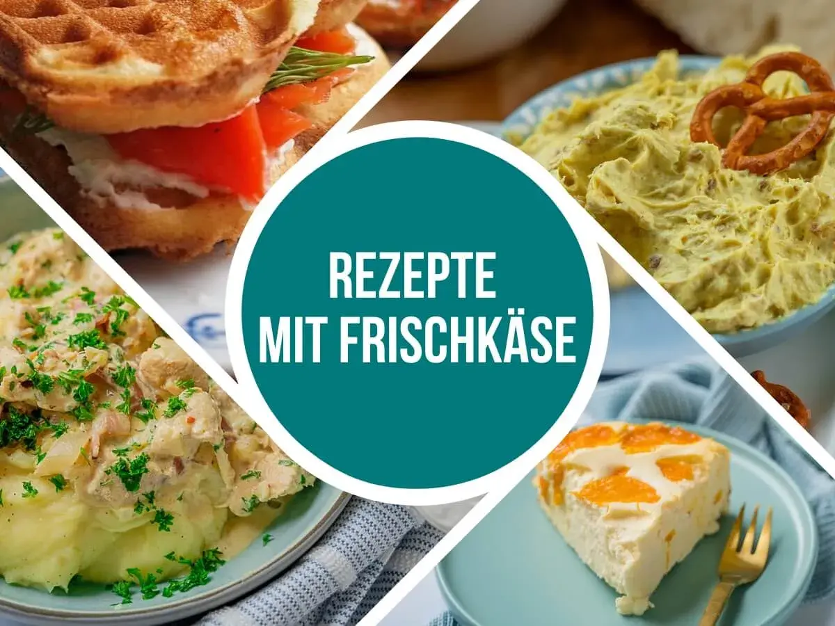 Vier Gerichte mit Frischkäse: Waffel-Sandwich, Dip, Hähnchen mit Kartoffelpüree und Kuchen.