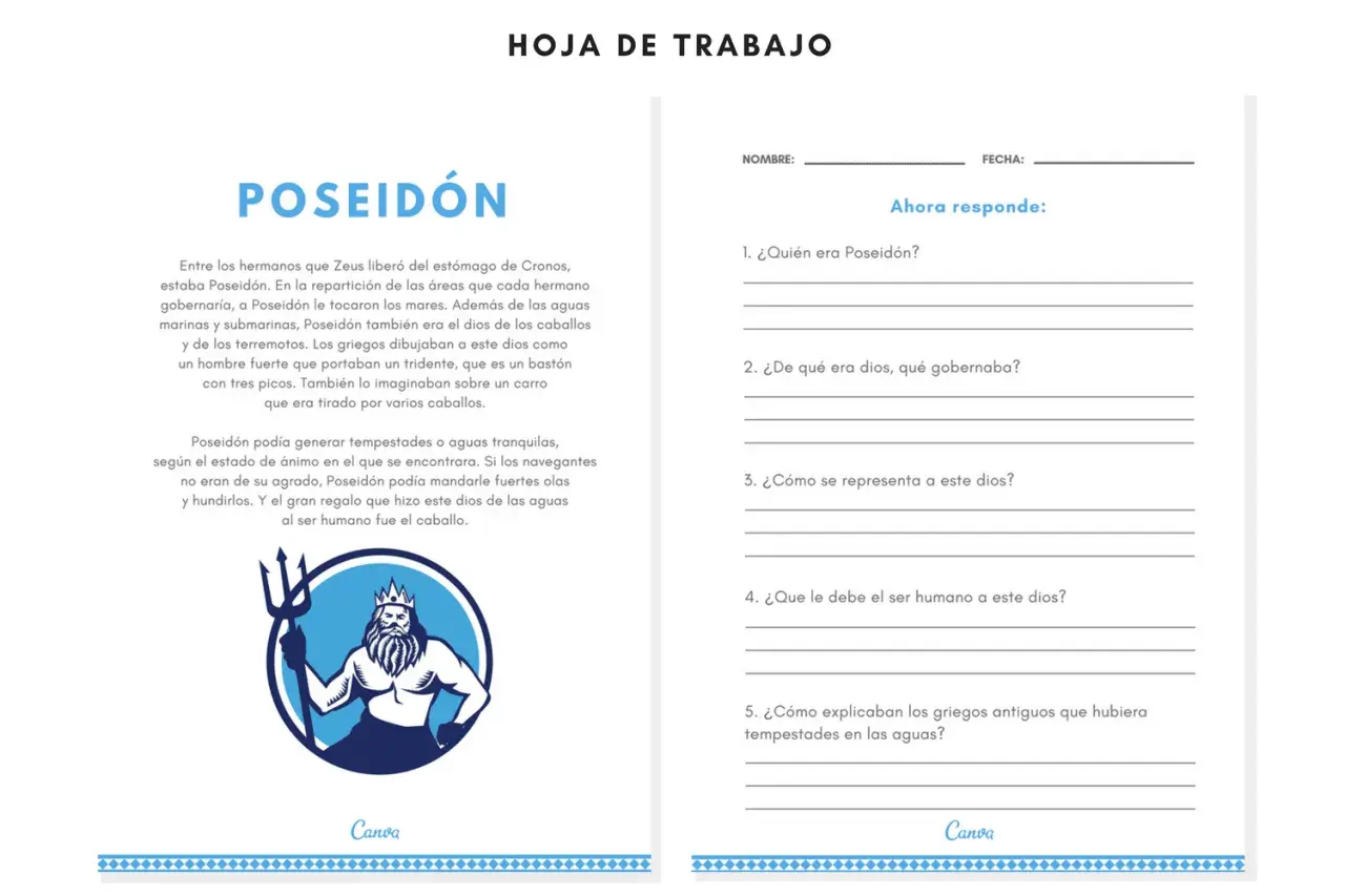 Hoja de trabajo con ejercicios de comprensión lectora sobre Poseidón, dios griego de los mares, caballos y terremotos. Incluye preguntas para responder.