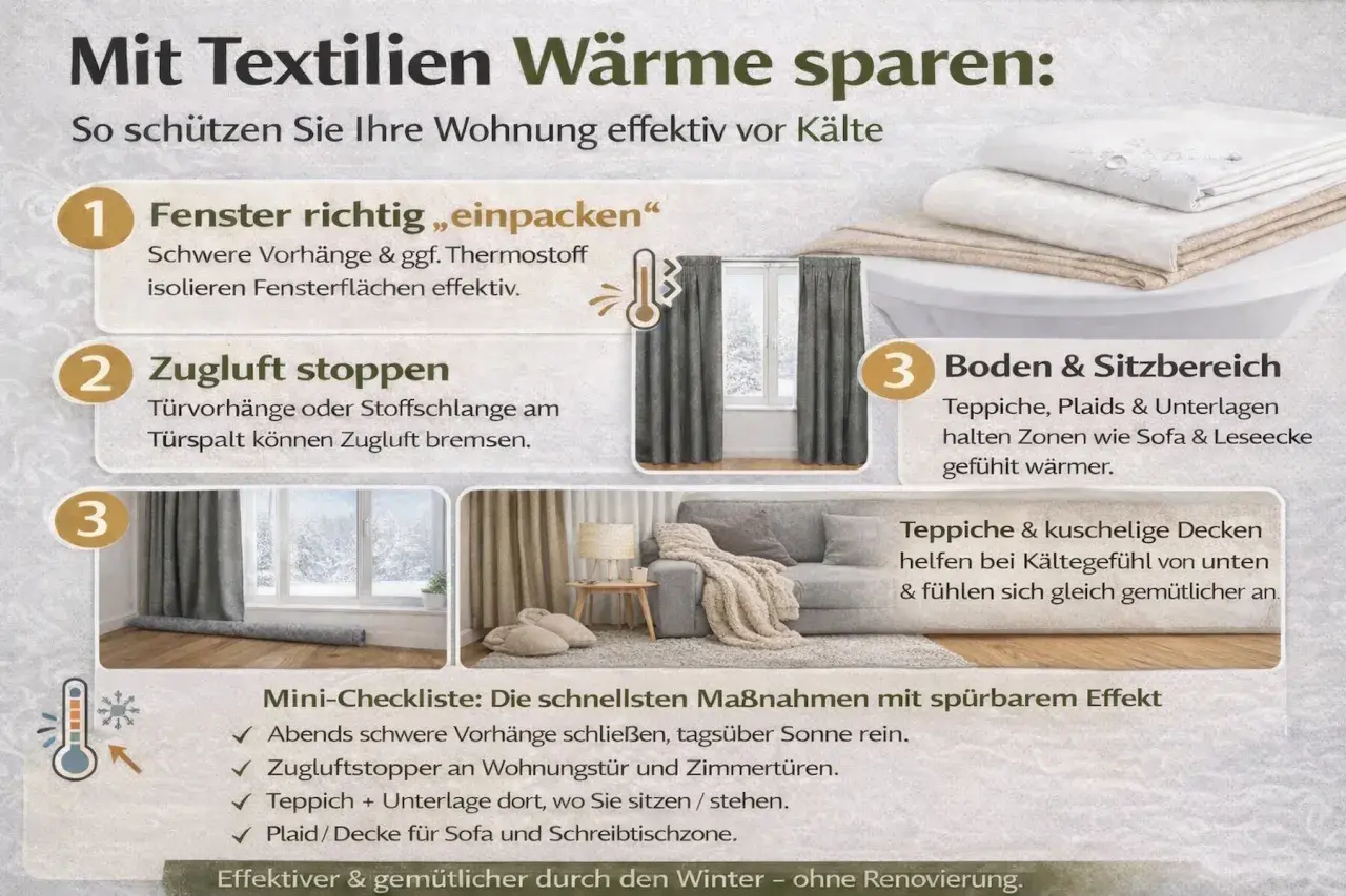 Textilien wie schwere Vorhänge und Teppiche dienen als Isolierstoff zum Nähen und helfen, Wärme zu sparen.